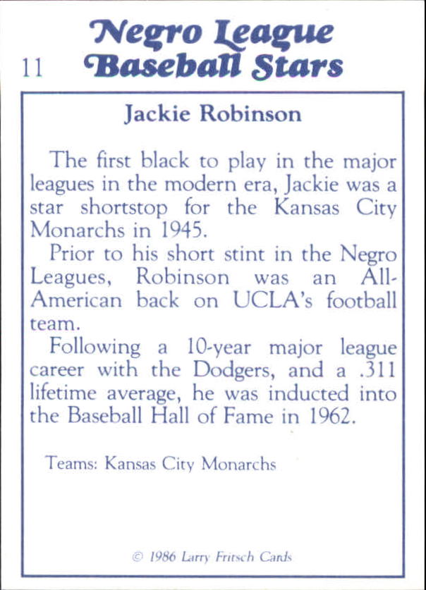 1986 Negro League Fritsch #11 Jackie Robinson back image
