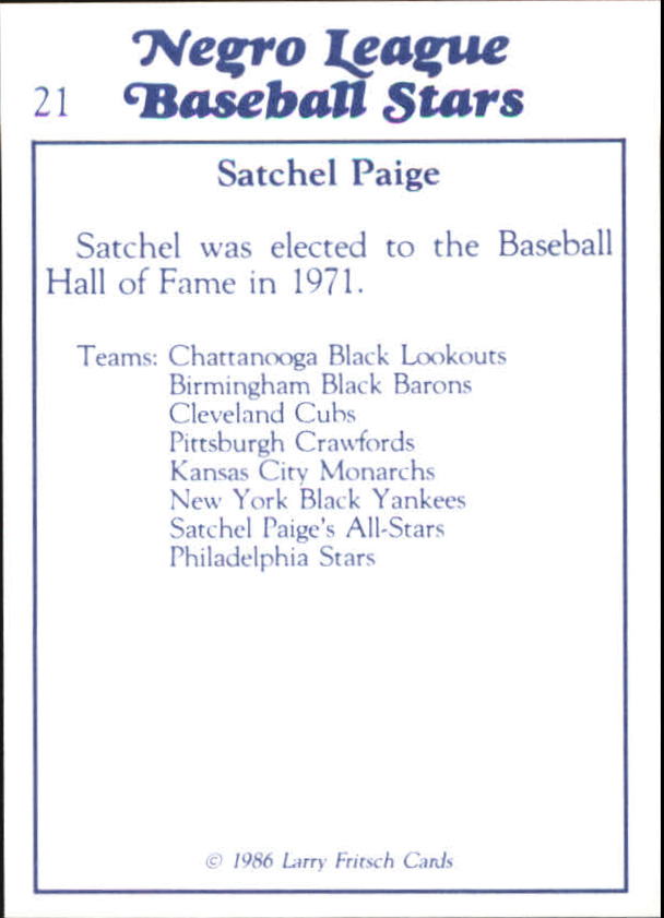 1986 Negro League Fritsch #21 Satchel Paige back image