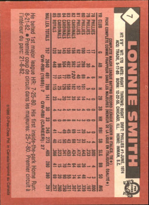 1986 O-Pee-Chee #7 Lonnie Smith back image