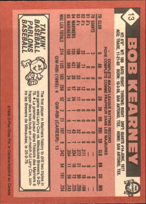 1986 O-Pee-Chee #13 Bob Kearney back image