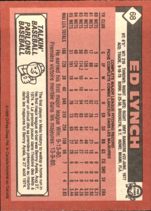 1986 O-Pee-Chee #68 Ed Lynch back image