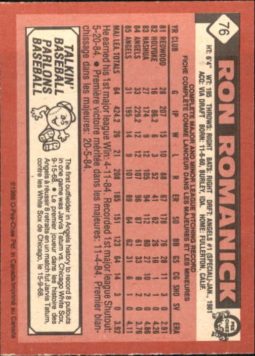 1986 O-Pee-Chee #76 Ron Romanick back image