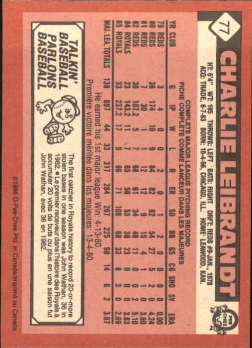 1986 O-Pee-Chee #77 Charlie Leibrandt back image