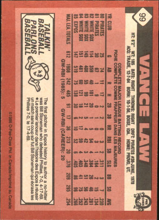 1986 O-Pee-Chee #99 Vance Law back image