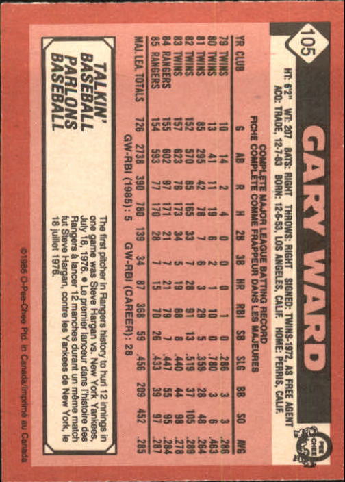 1986 O-Pee-Chee #105 Gary Ward back image