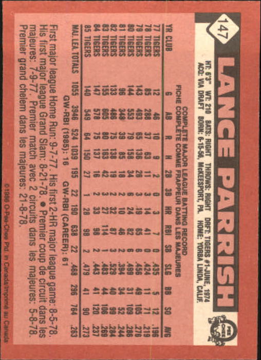 1986 O-Pee-Chee #147 Lance Parrish back image