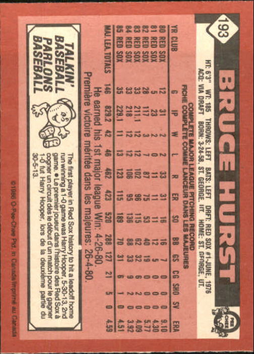 1986 O-Pee-Chee #193 Bruce Hurst back image