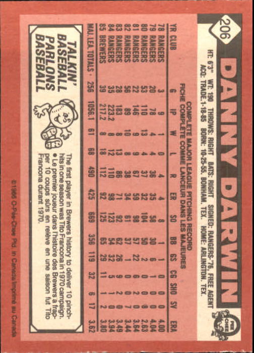 1986 O-Pee-Chee #206 Danny Darwin back image