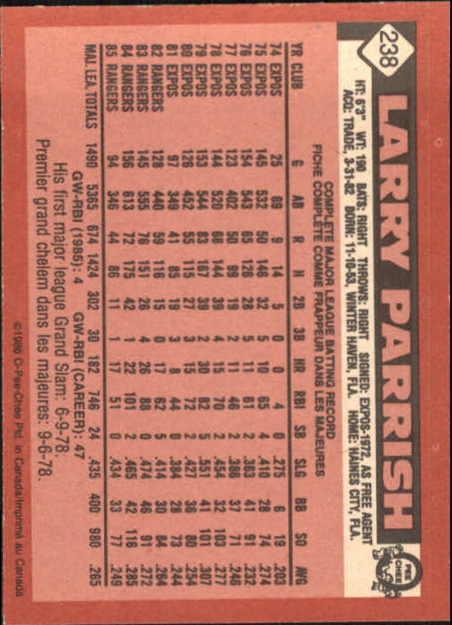 1986 O-Pee-Chee #238 Larry Parrish back image