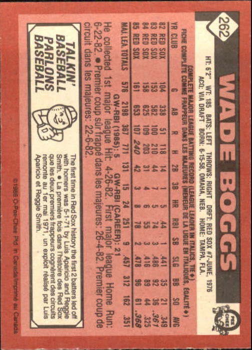 1986 O-Pee-Chee #262 Wade Boggs back image