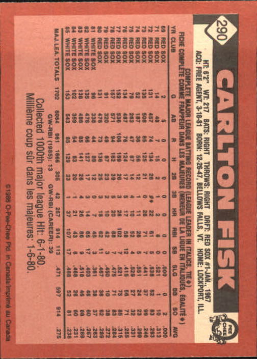 1986 O-Pee-Chee #290 Carlton Fisk back image
