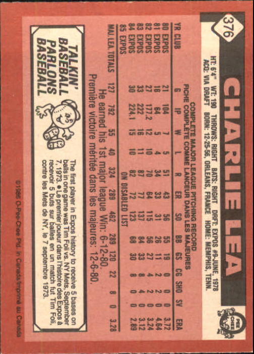 1986 O-Pee-Chee #376 Charlie Lea back image