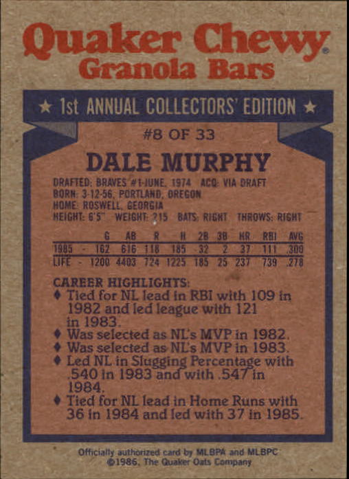 1986 Quaker Granola Baseball Card #s 1-33 (A7424) - You Pick - 15+ FREE SHIP - Picture 13 of 45
