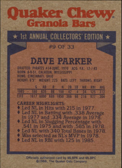 1986 Quaker Granola #9 Dave Parker back image