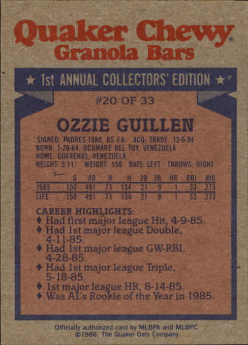 1986 Quaker Granola #20 Ozzie Guillen back image