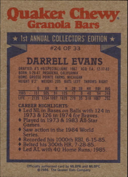 1986 Quaker Granola #24 Darrell Evans back image