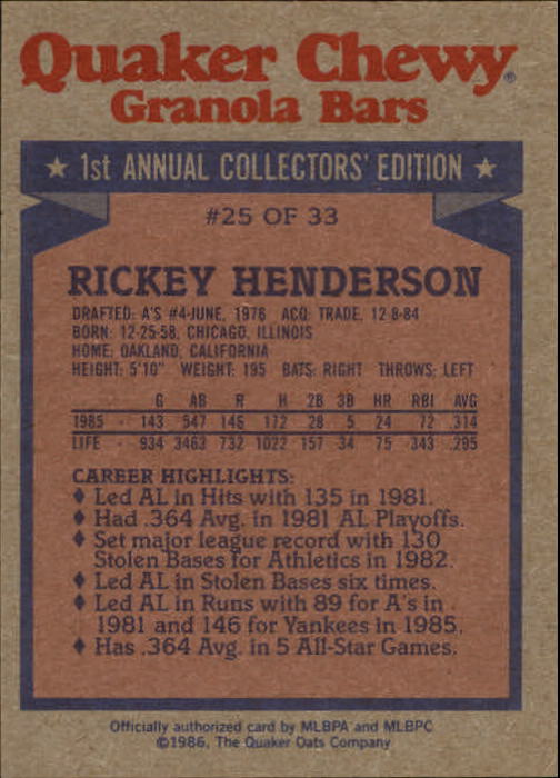 1986 Quaker Granola #25 Rickey Henderson back image