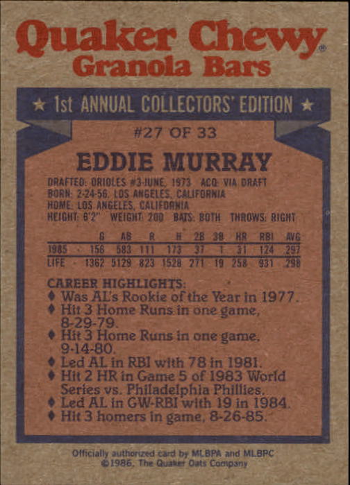 1986 Quaker Granola #27 Eddie Murray back image