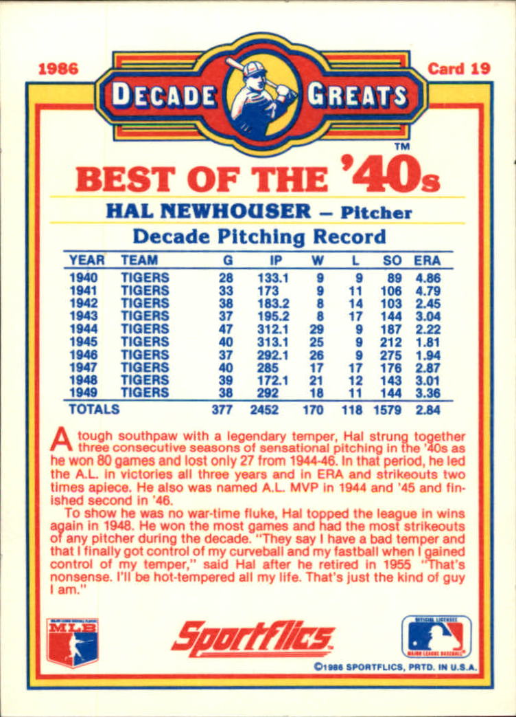 1986 Sportflics Decade Greats #19 Hal Newhouser back image