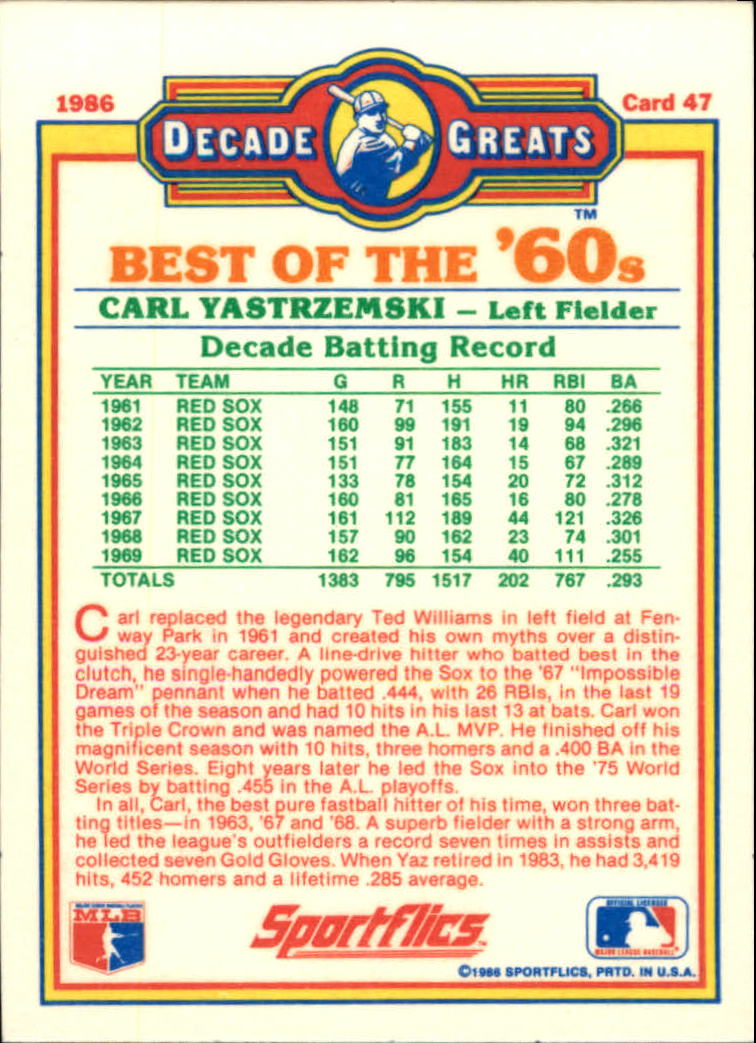 1986 Sportflics Decade Greats #47 Carl Yastrzemski back image
