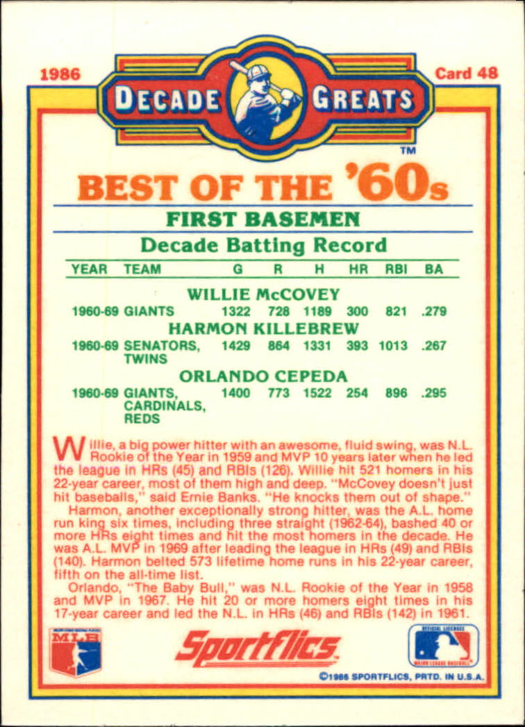 1986 Sportflics Decade Greats #48 Best '60s First Base/Willie McCovey/Harmon Kille back image