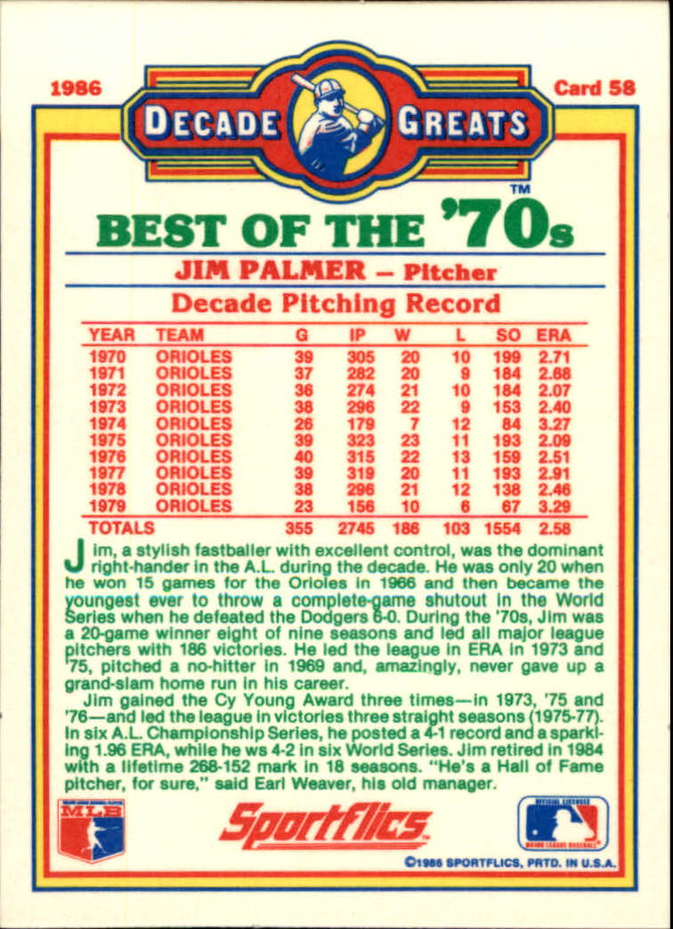 1986 Sportflics Decade Greats #58 Jim Palmer back image