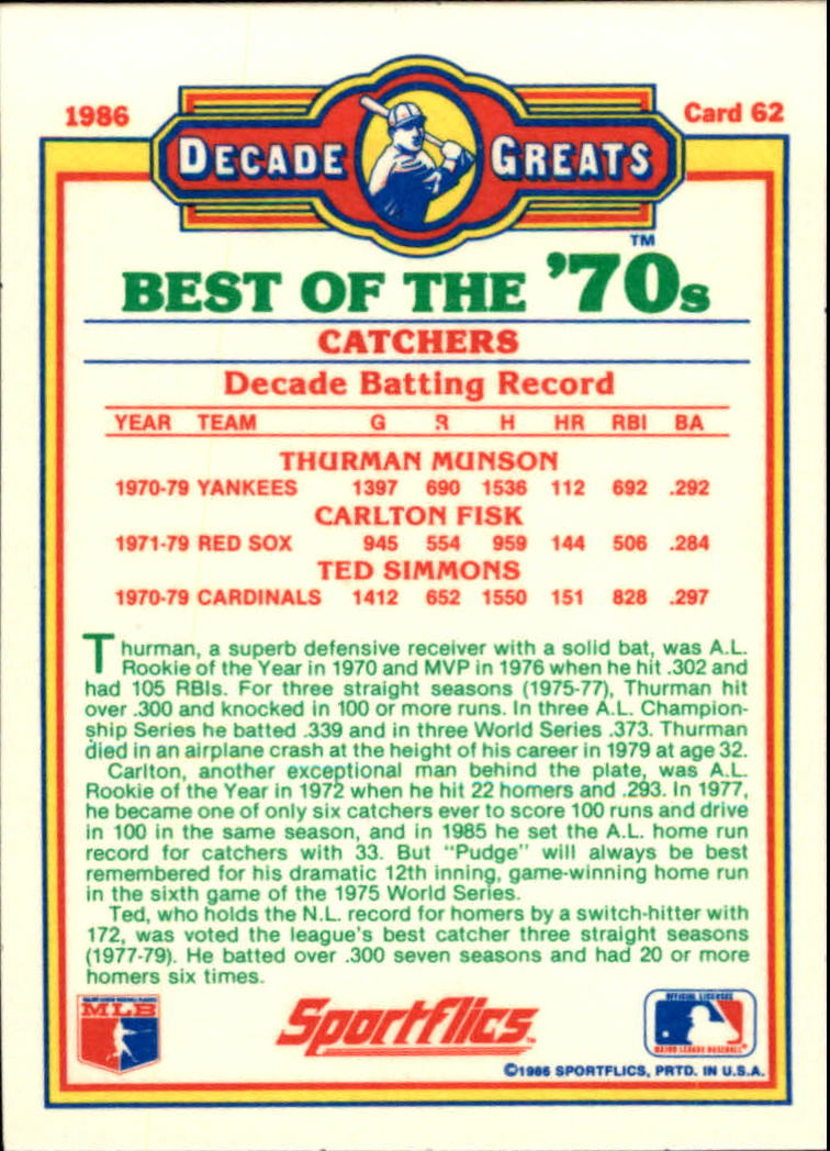 1986 Sportflics Decade Greats #62 Best '70s Catchers/Thurman Munson/Carlton Fisk/ back image