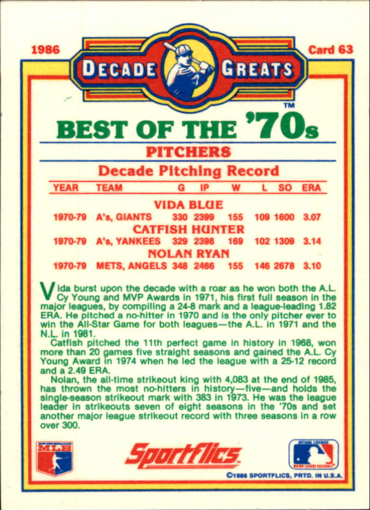 1986 Sportflics Decade Greats #63 Best '70s Pitchers/Vida Blue/Catfish Hunter/Nol back image