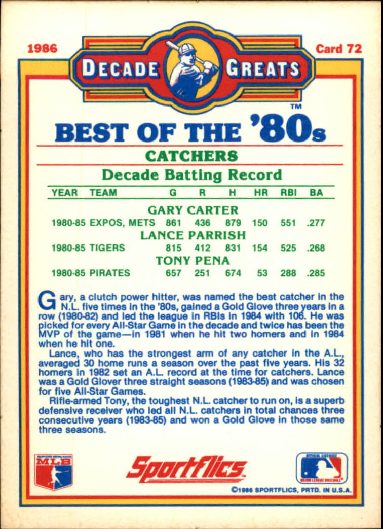 1986 Sportflics Decade Greats #72 Best '80s Catchers/Gary Carter/Lance Parrish/To back image