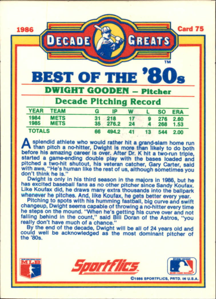 1986 Sportflics Decade Greats #75 Dwight Gooden back image