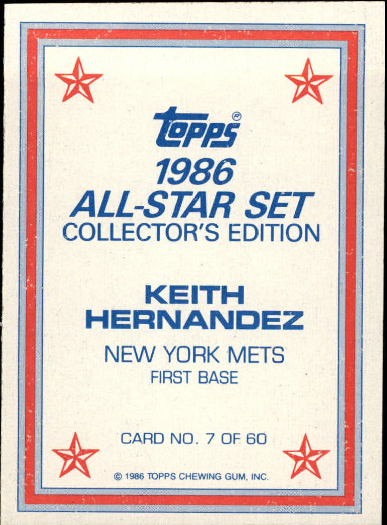 1986 Topps Glossy Send-Ins #7 Keith Hernandez back image