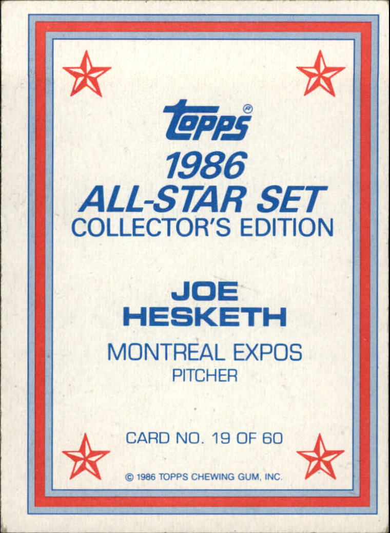1986 Topps Glossy Send-Ins #19 Joe Hesketh back image