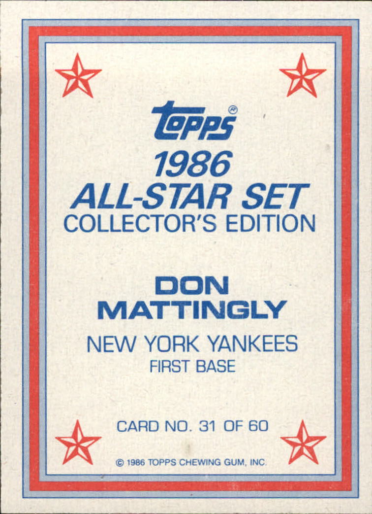 1986 Topps Glossy Send-Ins #31 Don Mattingly back image