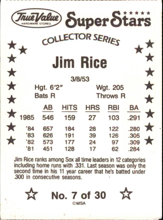 1986 True Value #7 Jim Rice back image