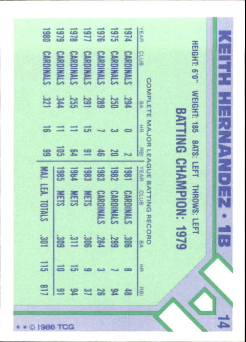 1986 Woolworth's Topps #14 Keith Hernandez back image