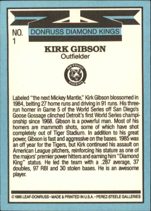 1986 Donruss #1 Kirk Gibson DK back image