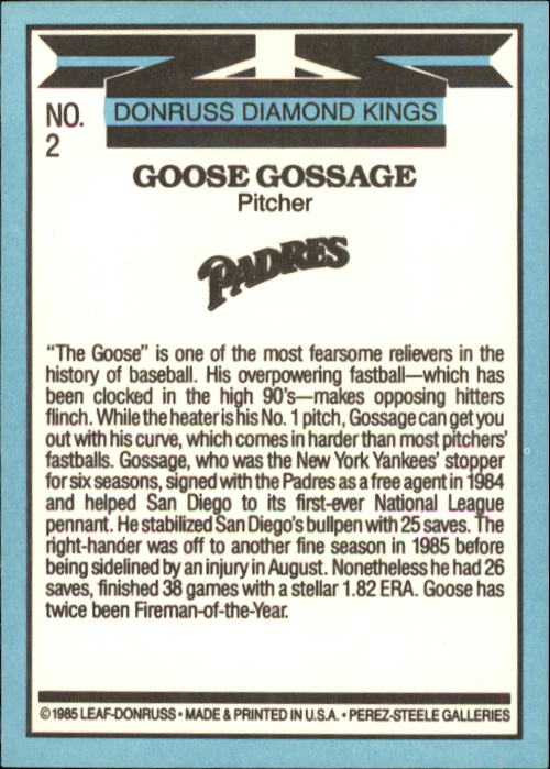 1986 Donruss #2 Goose Gossage DK back image