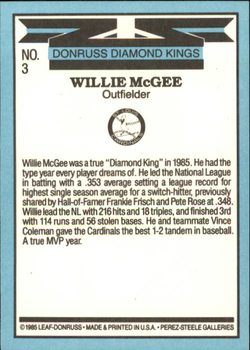 1986 Donruss #3 Willie McGee DK back image