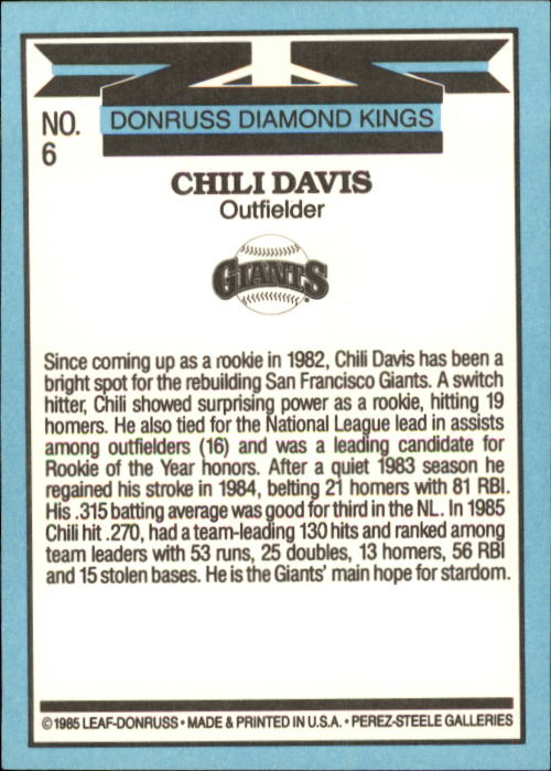 1986 Donruss #6 Chili Davis DK back image