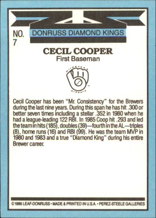 1986 Donruss #7 Cecil Cooper DK back image