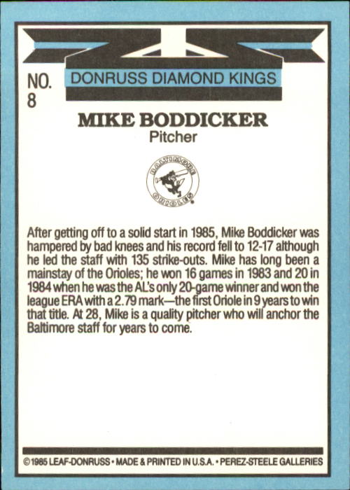 1986 Donruss #8 Mike Boddicker DK back image