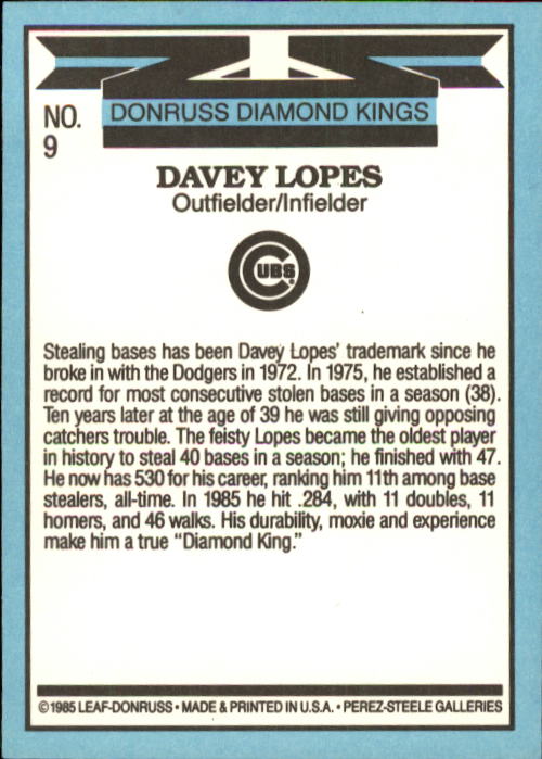 1986 Donruss #9 Dave Lopes DK back image