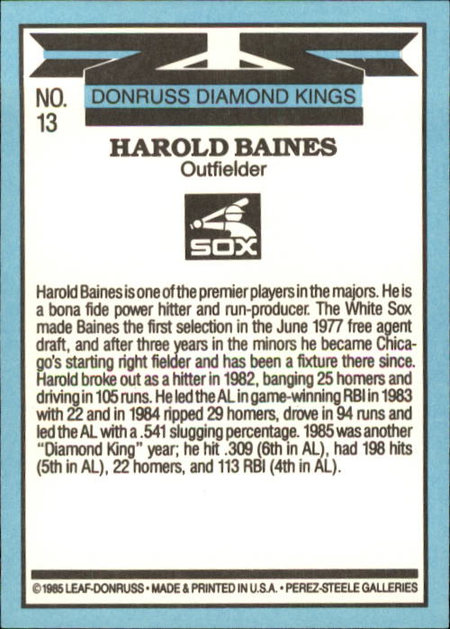 1986 Donruss #13 Harold Baines DK back image