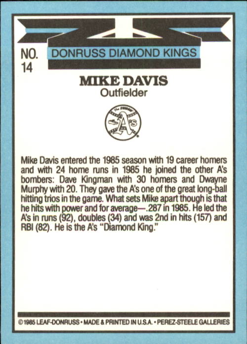 1986 Donruss #14 Mike Davis DK back image