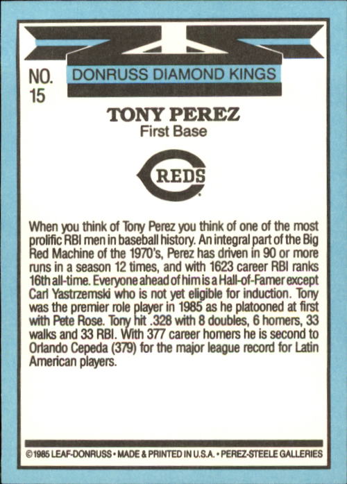 1986 Donruss #15 Tony Perez DK back image