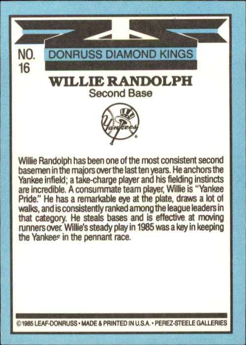 1986 Donruss #16 Willie Randolph DK back image