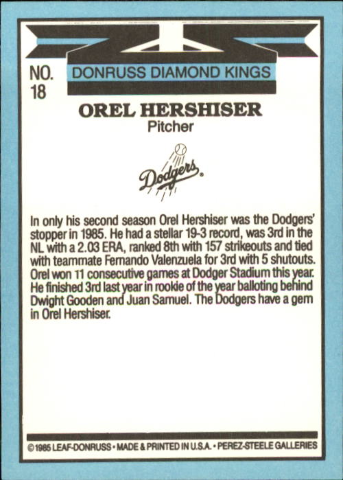 1986 Donruss #18 Orel Hershiser DK back image