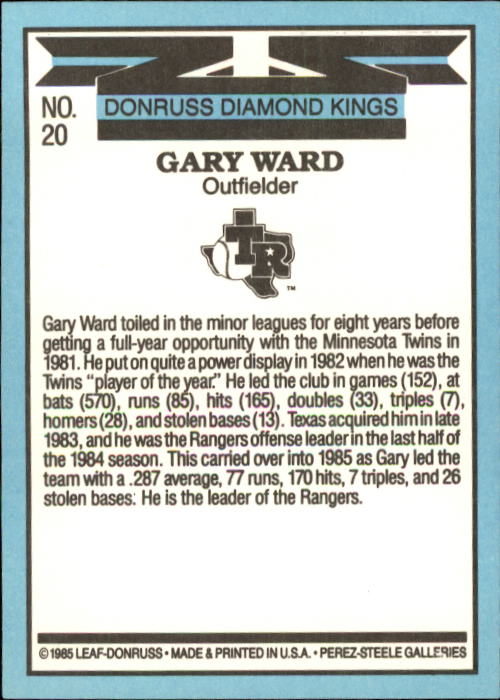 1986 Donruss #20 Gary Ward DK back image