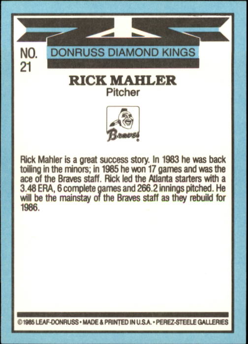 1986 Donruss #21 Rick Mahler DK back image