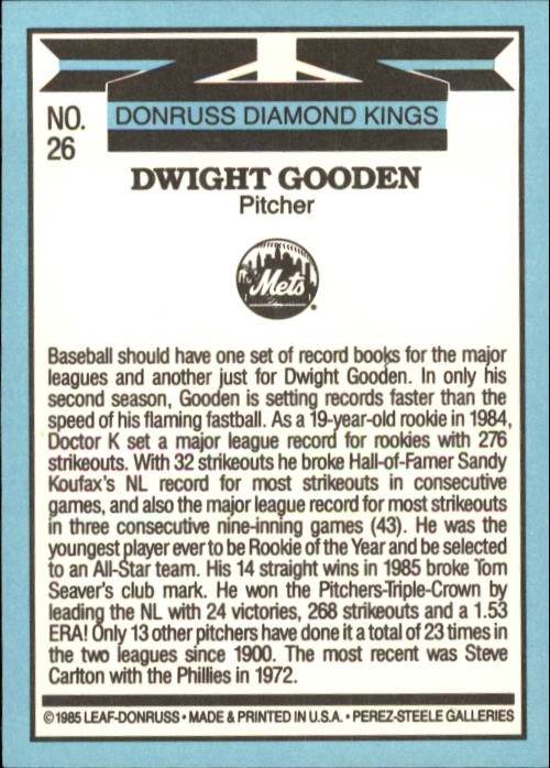 1986 Donruss #26 Dwight Gooden DK back image